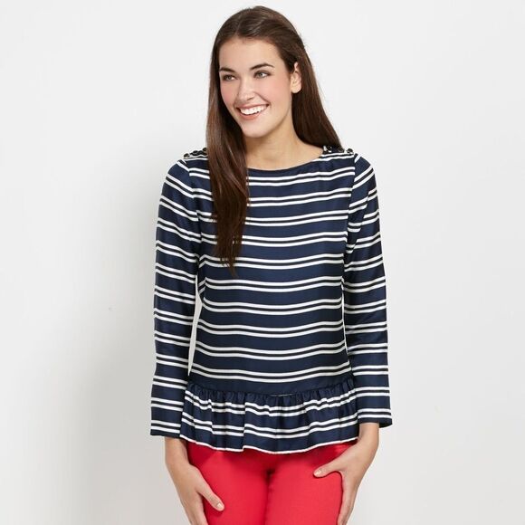 Vineyard Vines Striped Peplum Silk Top Navy Blue - Picture 1 of 8